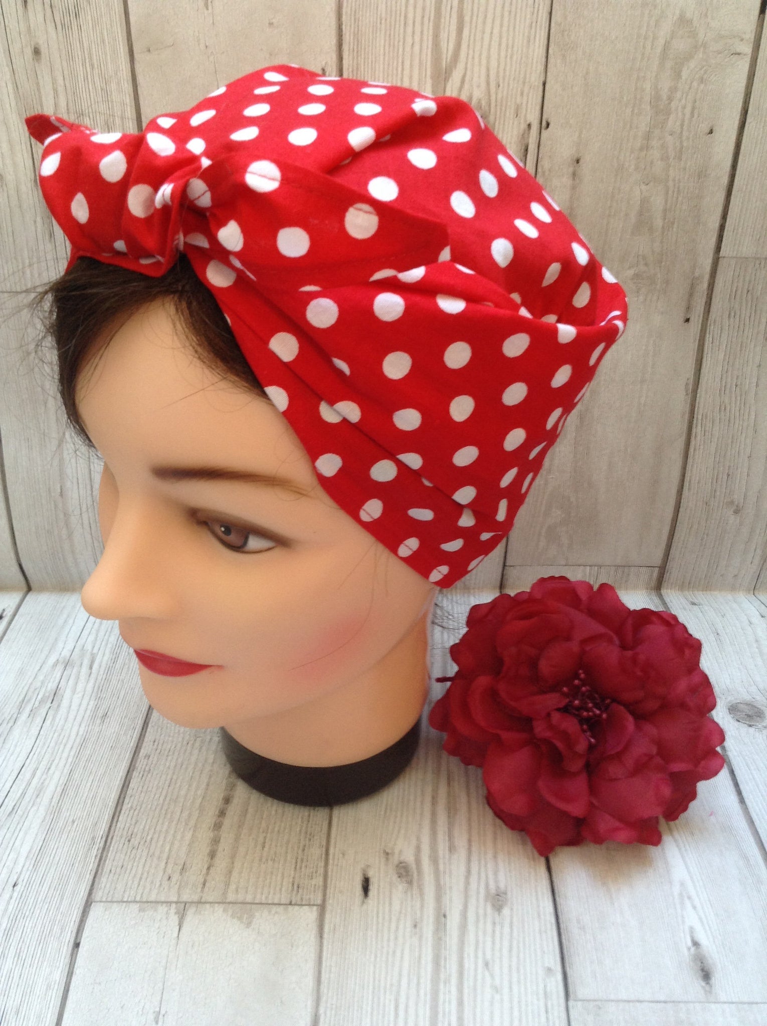 Red polka dot headscarf