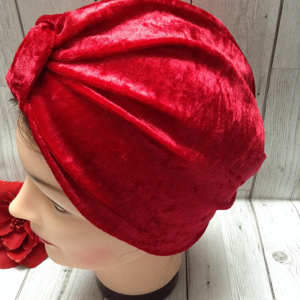 1940s style stretch velvet turban hat - red