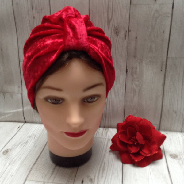 1940s style stretch velvet turban hat - red
