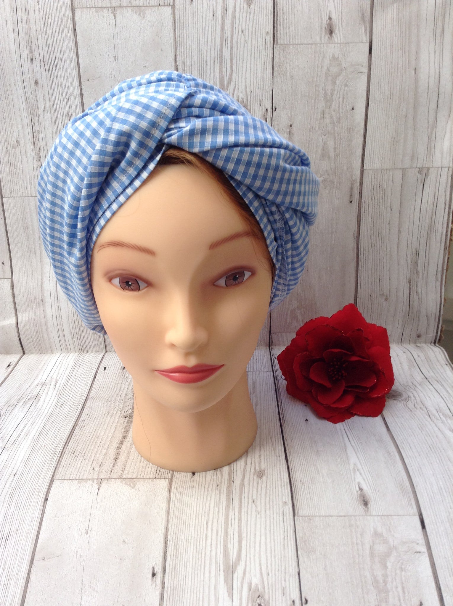 1930s 1940s dusting cap - light blue gingham