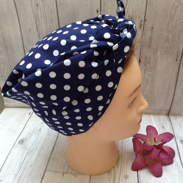 Navy blue polka dot cotton headscarf