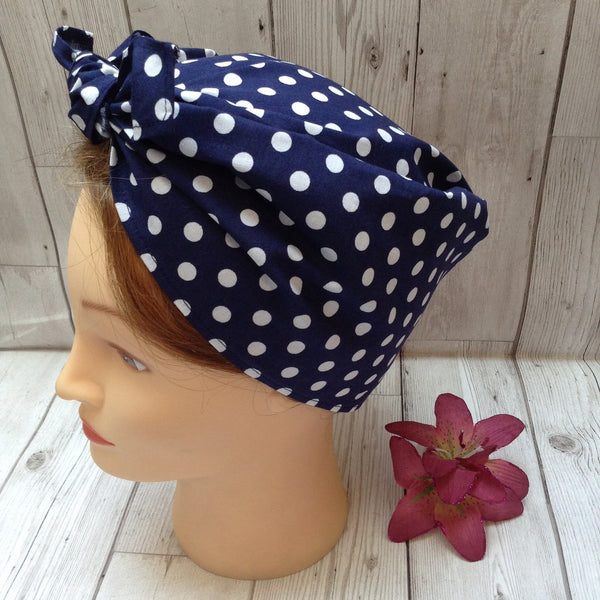 Navy blue polka dot cotton headscarf