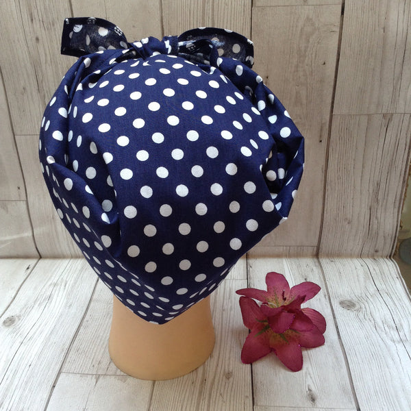 Navy blue polka dot cotton headscarf