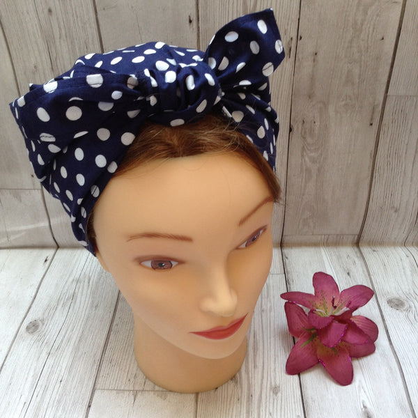 Navy blue polka dot cotton headscarf