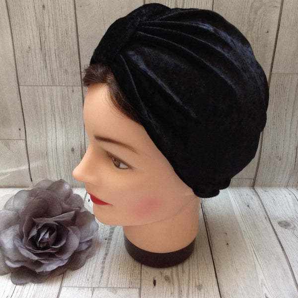 1940s style stretch velvet turban - black