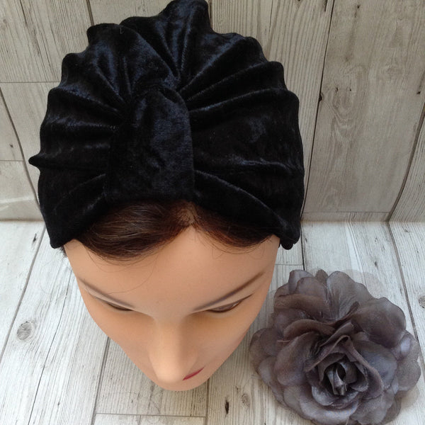 1940s style stretch velvet turban - black