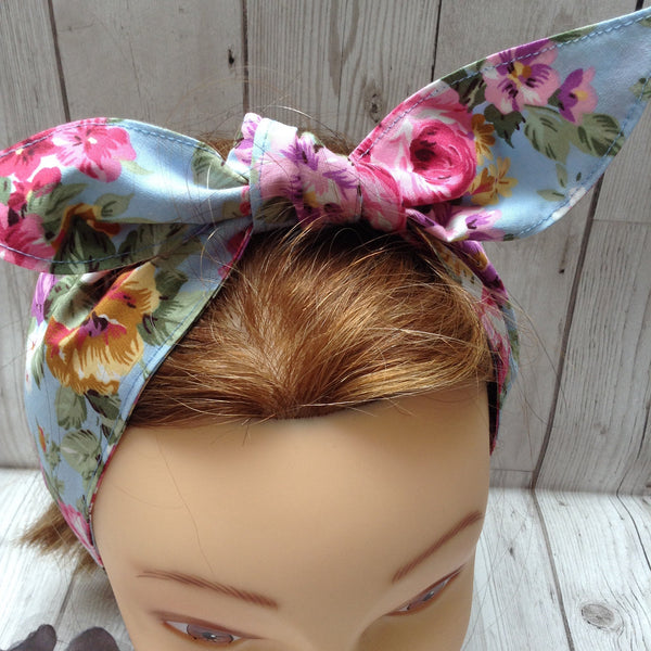 Sky blue floral hair tie