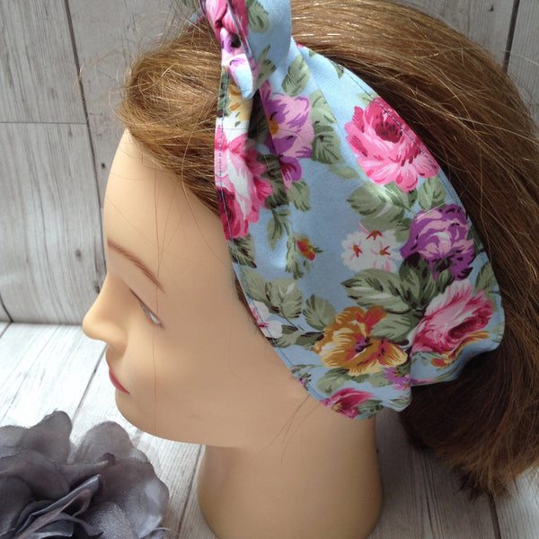 Sky blue floral hair tie
