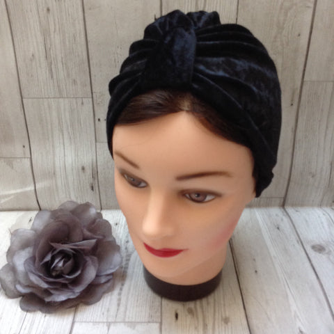 1940s style stretch velvet turban - black