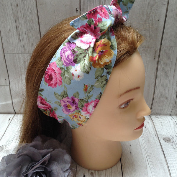 Sky blue floral hair tie