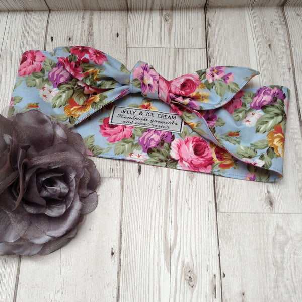 Sky blue floral hair tie