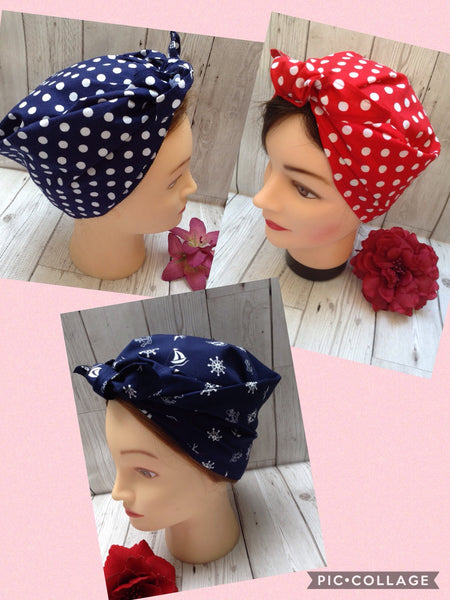 Navy blue polka dot cotton headscarf